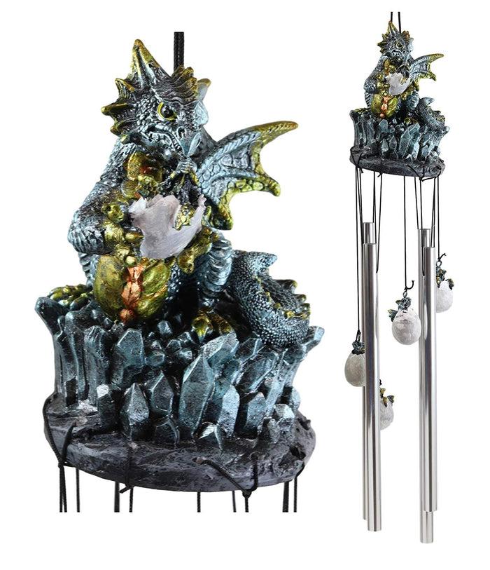 Ebros Gift Ebros Medieval Blue Dragon Egg Hatchling Standing On Crystal Rocks Wind Chime