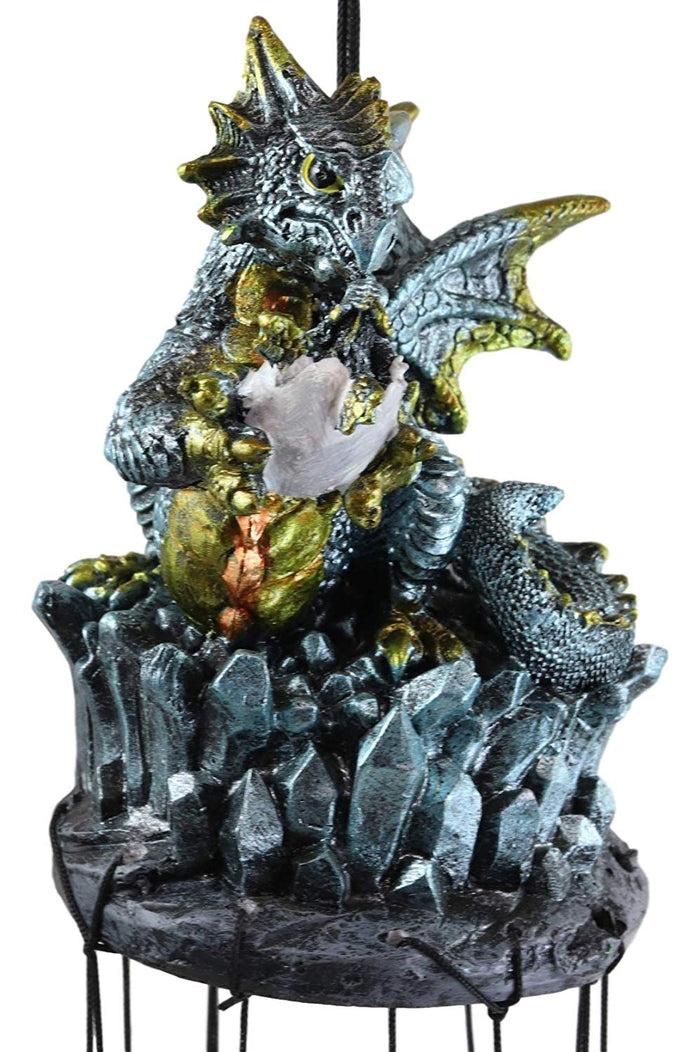 Ebros Gift Ebros Medieval Blue Dragon Egg Hatchling Standing On Crystal Rocks Wind Chime