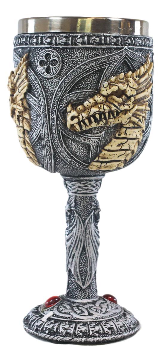 Ebros Gift Ebros Medieval Fantasy Rune Dragon Skeleton Fossil 5oz Wine Drink Goblet Chalice