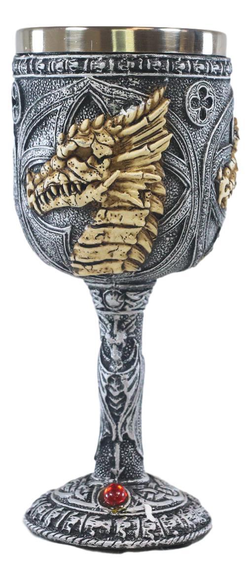 Ebros Gift Ebros Medieval Fantasy Rune Dragon Skeleton Fossil 5oz Wine Drink Goblet Chalice