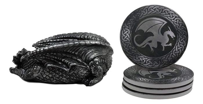 Ebros Gift Ebros Medieval Hour Of The Dragon Coaster Set 6.5"L Holder With Four Coasters