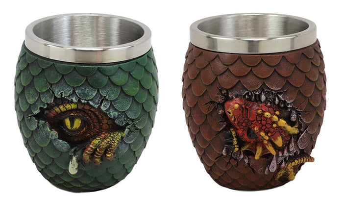 ebros gift Ebros Medieval Khaleesi's Dragon Colorful Scale Egg With Hatching Wyrmling Small Drink Cup 3.75" High Fantasy GOT Themed Dungeons And Dragons Drinking Party Prop Cups (Set of 2 Red And Green)