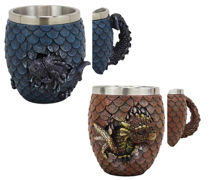 ebros gift Ebros Medieval Khaleesi's Elemental Dragon Colorful Scale Egg With Hatching Wyrmling Small Coffee Tea Mug Cup 3.75" High Fantasy GOT Themed Dungeons And Dragons Drinking Cups (Set of 2 Red And Blue)