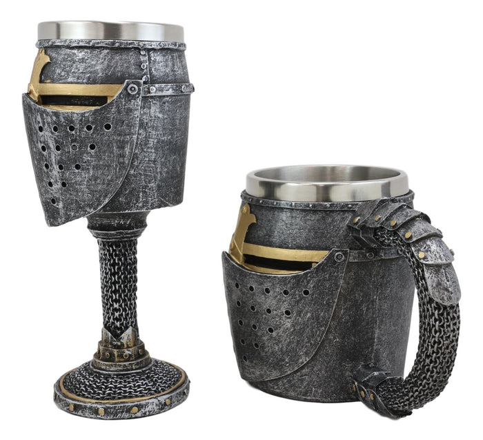 Ebros Gift Ebros Medieval Knight Suit Of Armor Helm Drinkware Set Of 2 Wine Goblet And Mug