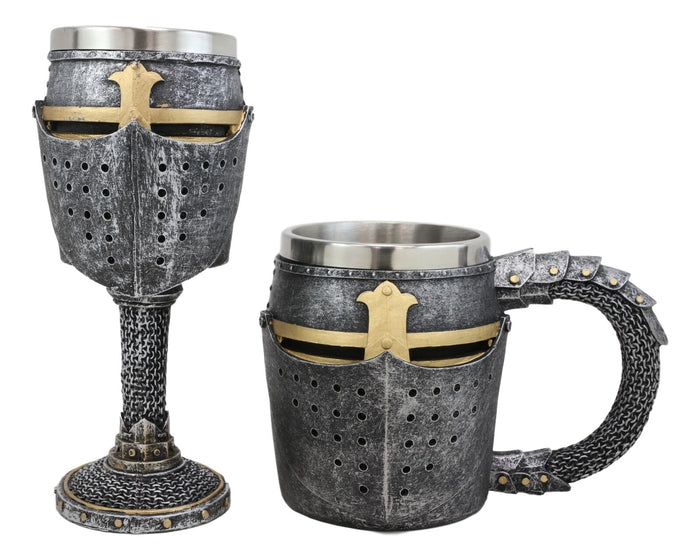 Ebros Gift Ebros Medieval Knight Suit Of Armor Helm Drinkware Set Of 2 Wine Goblet And Mug