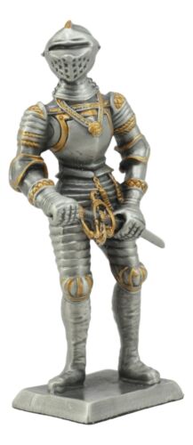 ebros gift Ebros Medieval Pewter English Knight Drawing Sword Statue 4"H Medieval Suit Of Armor