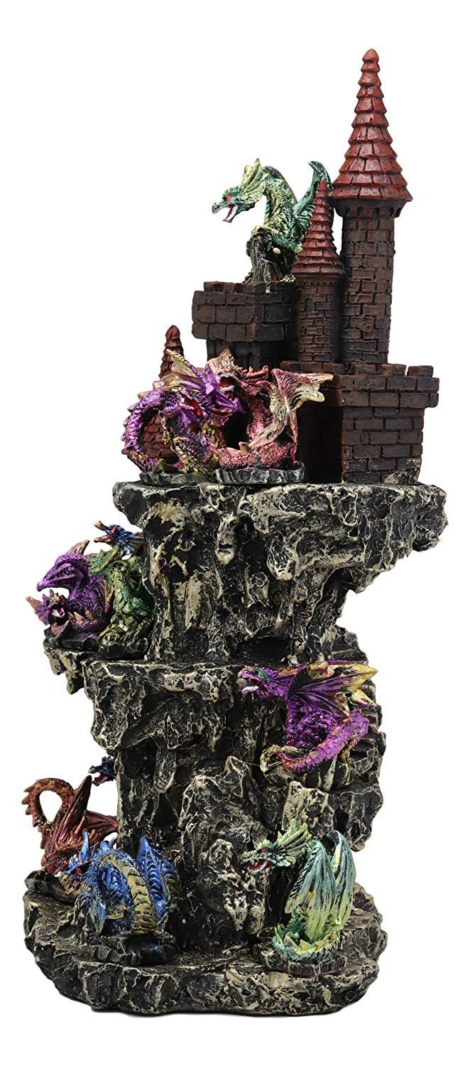 Ebros Gift Ebros Medieval Renaissance Castle Tower Fortress By Stepped Rocky Cliff Display Stand Statue With 12 Miniature Dragons In Different Poses Figurine 13 Piece Set Featuring Color Changing LED Night Light