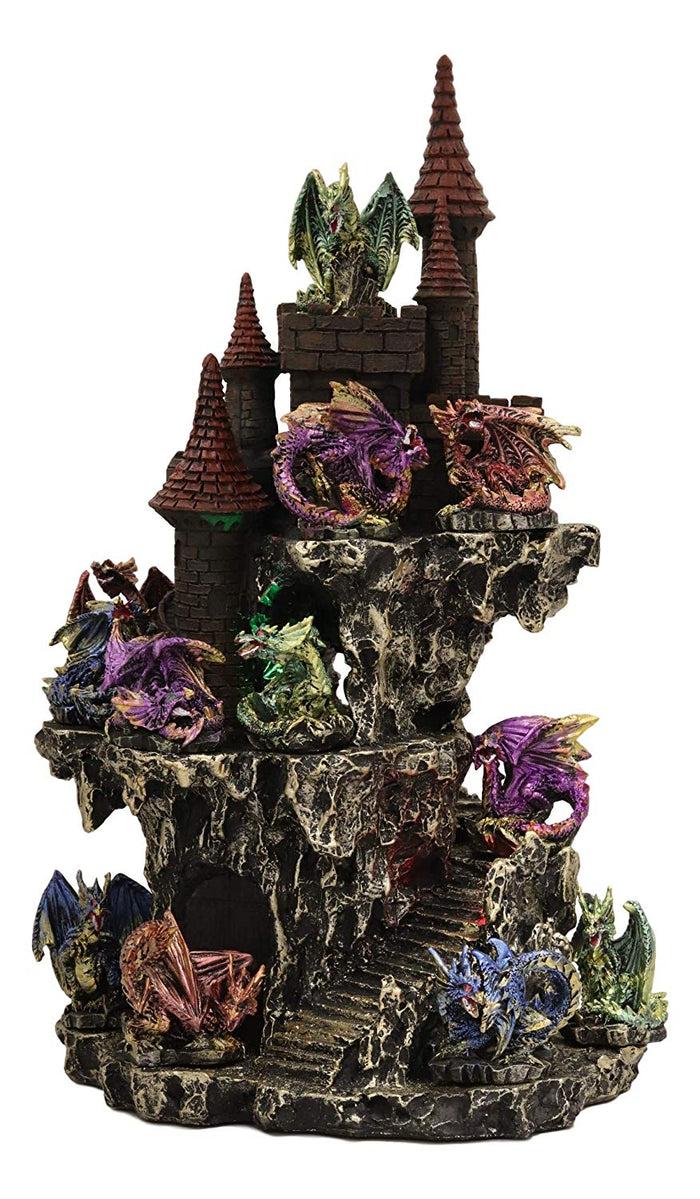 Ebros Gift Ebros Medieval Renaissance Castle Tower Fortress By Stepped Rocky Cliff Display Stand Statue With 12 Miniature Dragons In Different Poses Figurine 13 Piece Set Featuring Color Changing LED Night Light