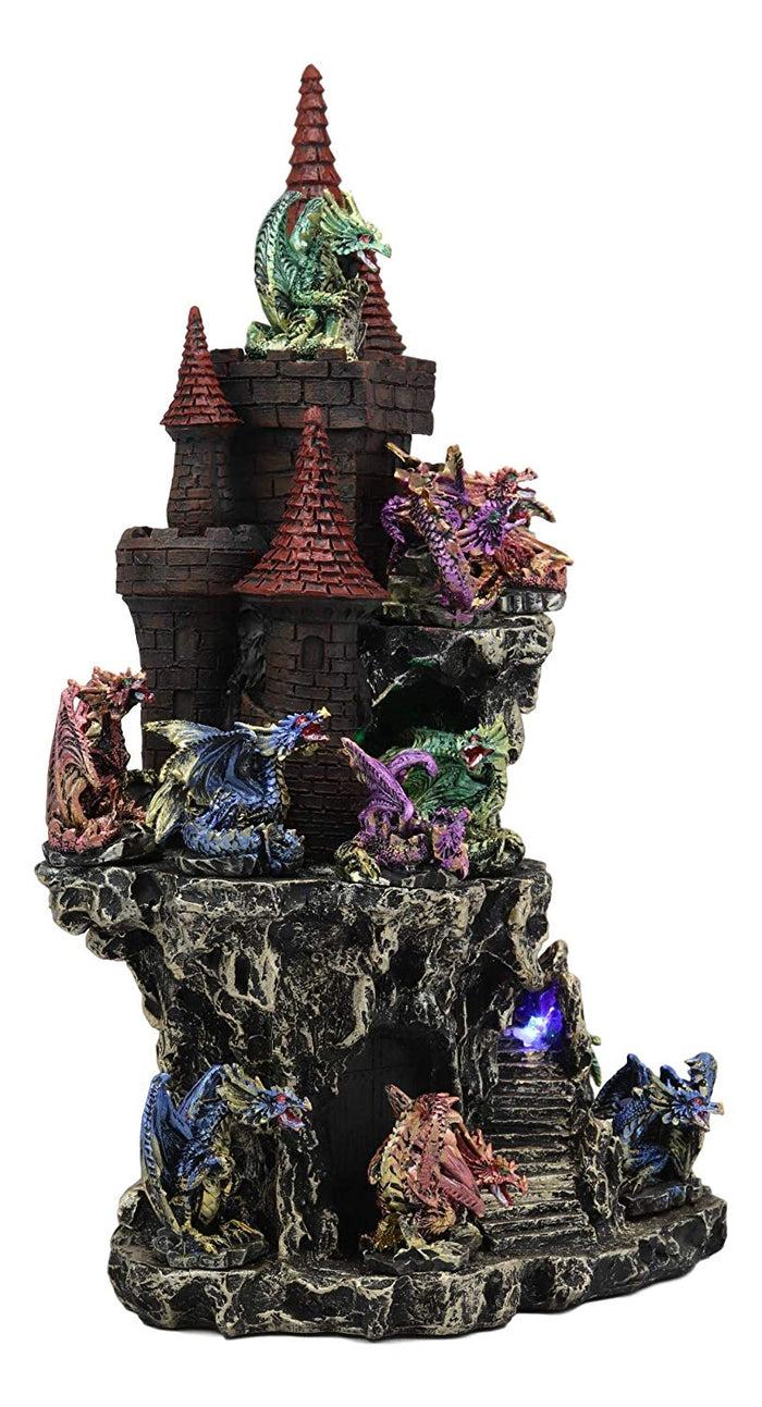 Ebros Gift Ebros Medieval Renaissance Castle Tower Fortress By Stepped Rocky Cliff Display Stand Statue With 12 Miniature Dragons In Different Poses Figurine 13 Piece Set Featuring Color Changing LED Night Light