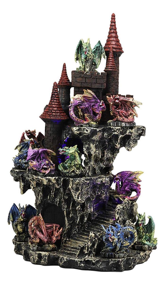 ebros gift Ebros Medieval Renaissance Castle Tower Fortress by Stepped Rocky Cliff Display Stand Statue With 12 Miniature Dragons In Different Poses Figurine 13 Piece Set Featuring Color Changing LED Night Light