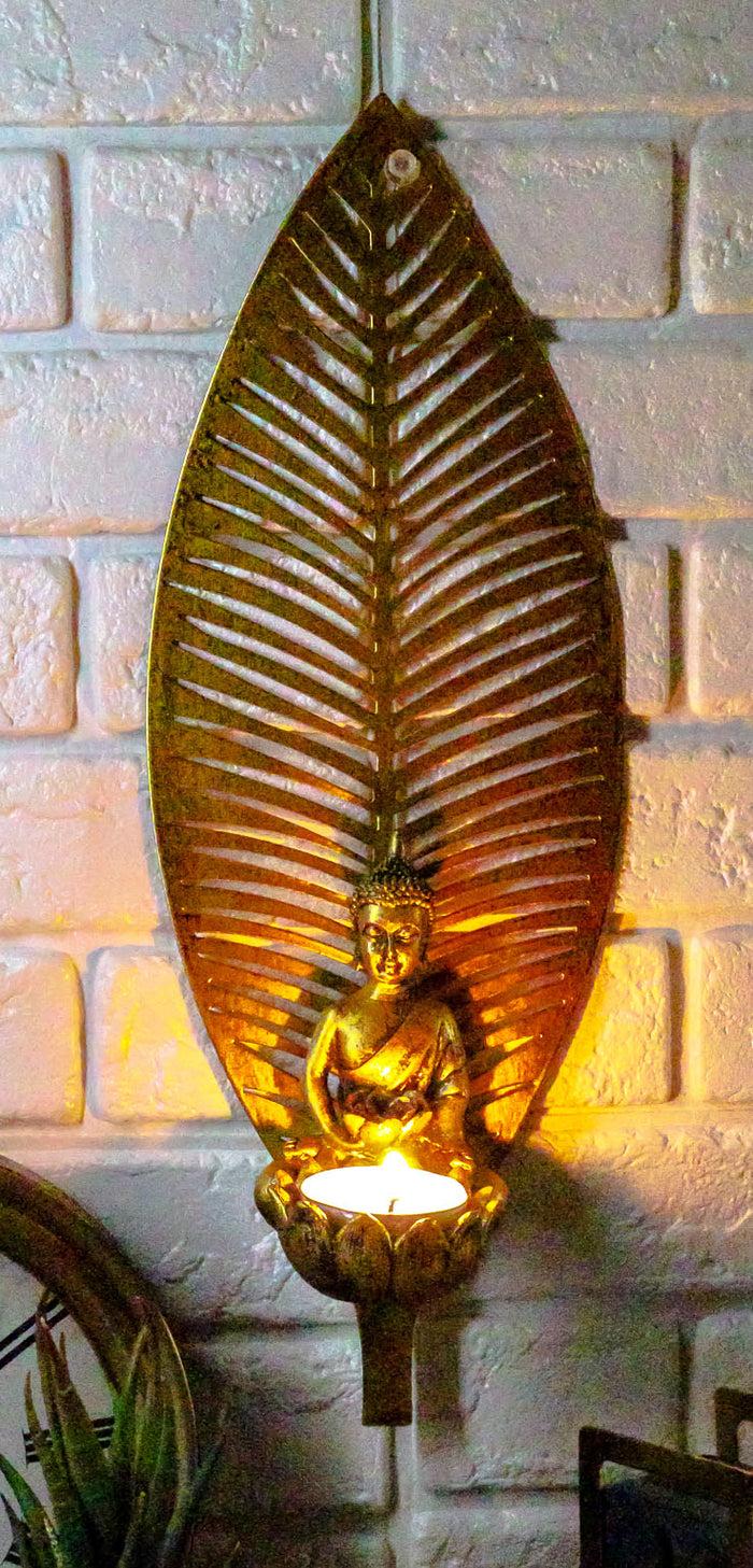 ebros gift Ebros Meditating Buddha On Lotus With Leaf Tea Light Votive Candle Holder Wall Decor