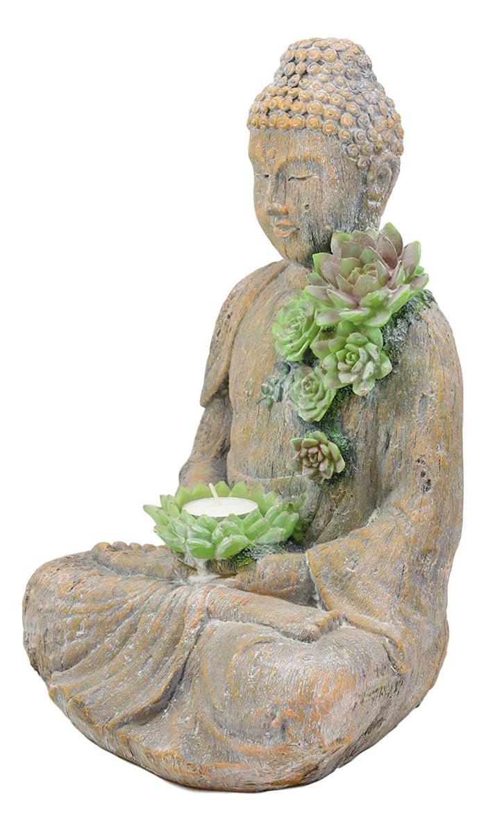 Ebros Gift Ebros Meditating Shakyamuni Buddha Gautama With Ushnisha Head And Floral Succulents Lotus Votive Tea Light Candle Holder Statue 13" H In Faux Stone Finish Buddhism Bodhisattva Feng Shui Zen Figurine