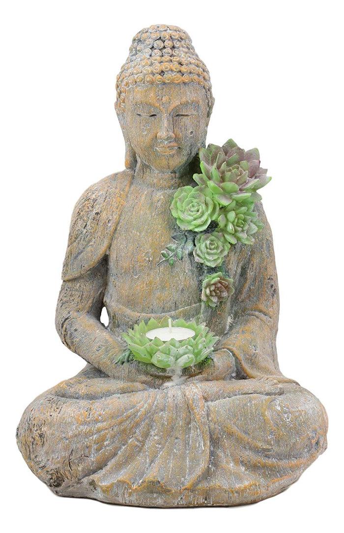 Ebros Gift Ebros Meditating Shakyamuni Buddha Gautama With Ushnisha Head And Floral Succulents Lotus Votive Tea Light Candle Holder Statue 13" H In Faux Stone Finish Buddhism Bodhisattva Feng Shui Zen Figurine