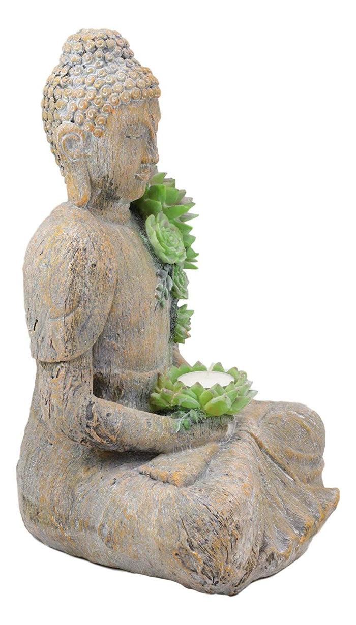 Ebros Gift Ebros Meditating Shakyamuni Buddha Gautama With Ushnisha Head And Floral Succulents Lotus Votive Tea Light Candle Holder Statue 13" H In Faux Stone Finish Buddhism Bodhisattva Feng Shui Zen Figurine