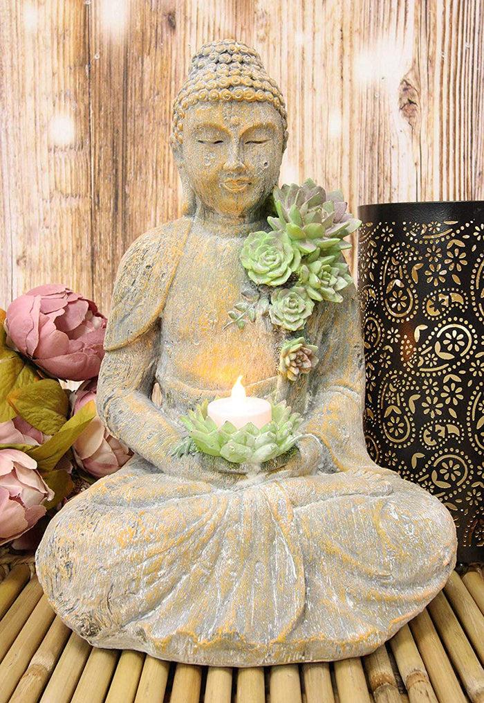 ebros gift Ebros Meditating Shakyamuni Buddha Gautama with Ushnisha Head and Floral Succulents Lotus Votive Tea Light Candle Holder Statue 13" H in Faux Stone Finish Buddhism Bodhisattva Feng Shui Zen Figurine