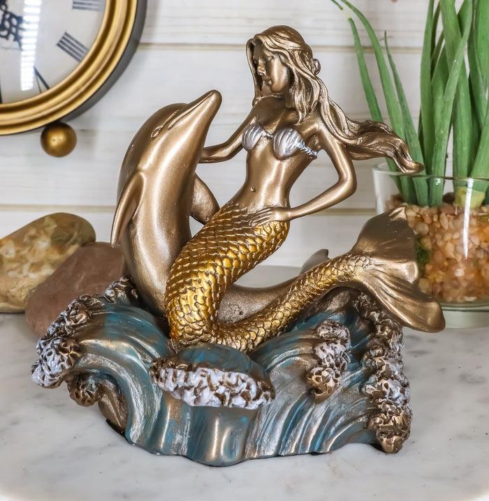 Ebros Gift Ebros Mermaid Embracing Dolphin By Ocean Waves Statue 4.5"L Nautical Decor