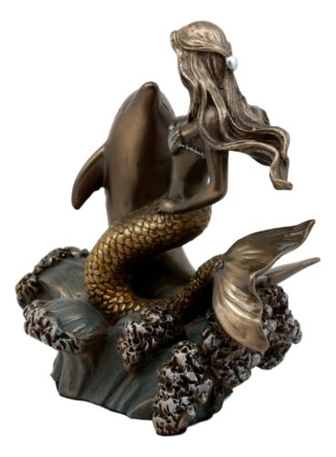 Ebros Gift Ebros Mermaid Embracing Dolphin By Ocean Waves Statue 4.5"L Nautical Decor