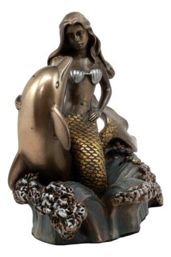 Ebros Gift Ebros Mermaid Embracing Dolphin By Ocean Waves Statue 4.5"L Nautical Decor