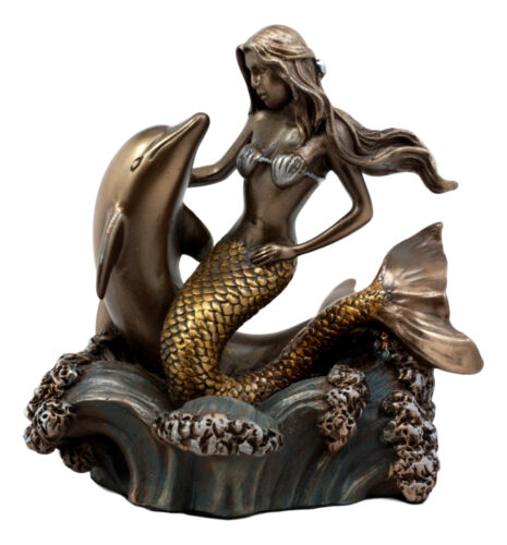 ebros gift Ebros Mermaid Embracing Dolphin By Ocean Waves Statue 4.5"L Nautical Decor