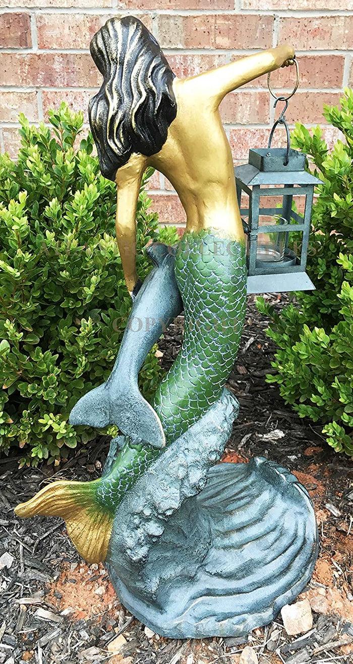 Ebros Gift Ebros Mermaid With Dolphin Holding Candle Lantern Statue Candleholder Garden
