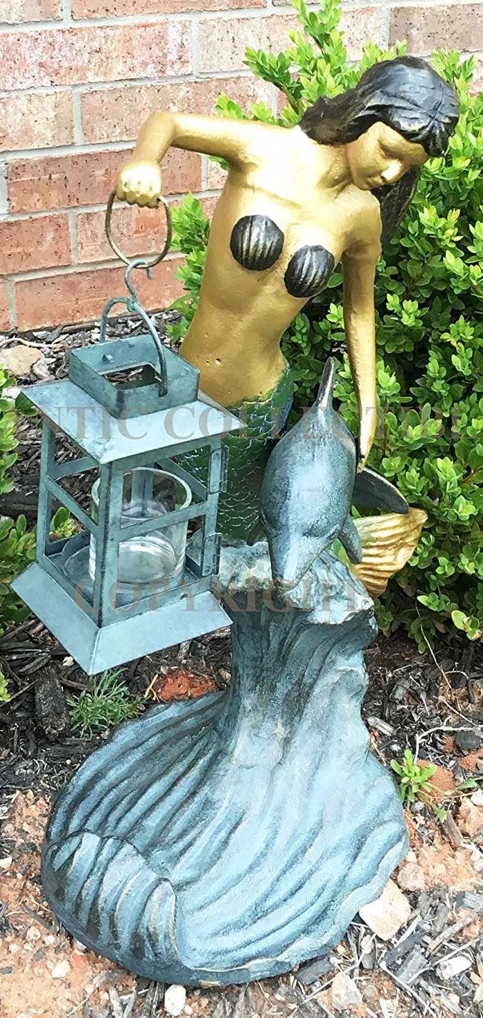 ebros gift Ebros Mermaid with Dolphin Holding Candle Lantern Statue Candleholder Garden
