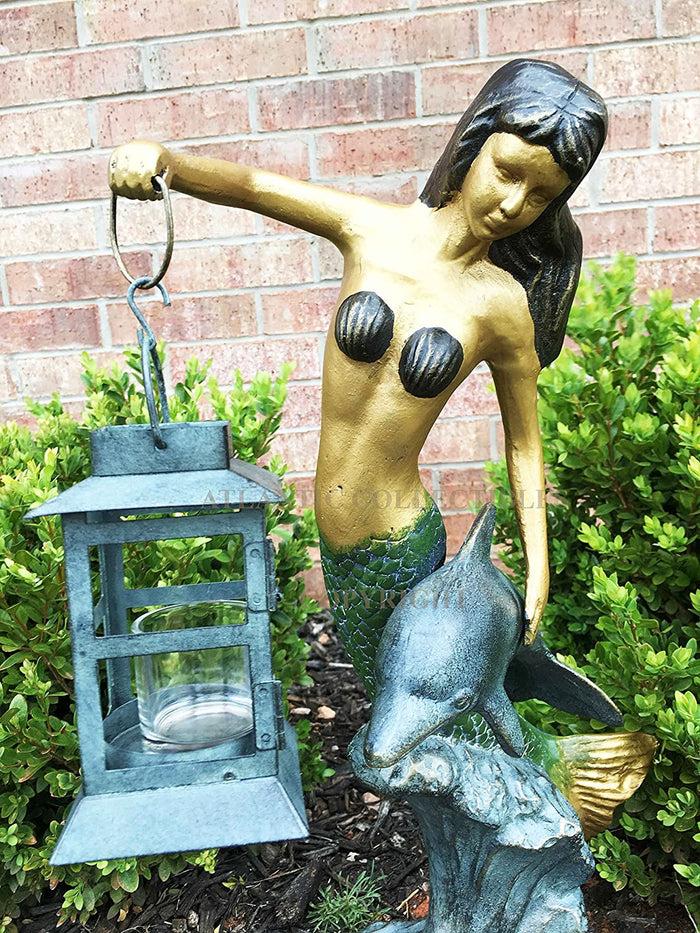 Ebros Gift Ebros Mermaid With Dolphin Holding Candle Lantern Statue Candleholder Garden