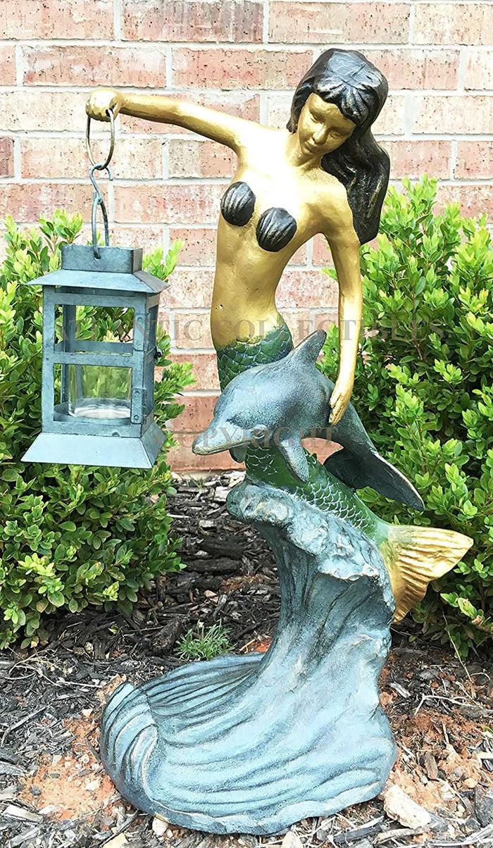 Ebros Gift Ebros Mermaid With Dolphin Holding Candle Lantern Statue Candleholder Garden