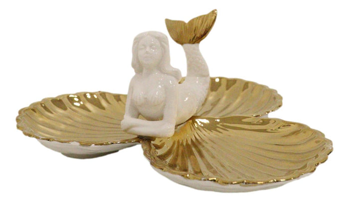 Ebros Gift Ebros Mermaid With Three Golden Clam Shells Jewelry Dish Holder Figurine 9" L Art Nouveau Decor