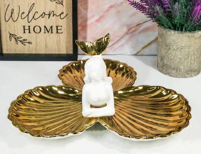 ebros gift Ebros Mermaid with Three Golden Clam Shells Jewelry Dish Holder Figurine 9" L Art Nouveau Decor