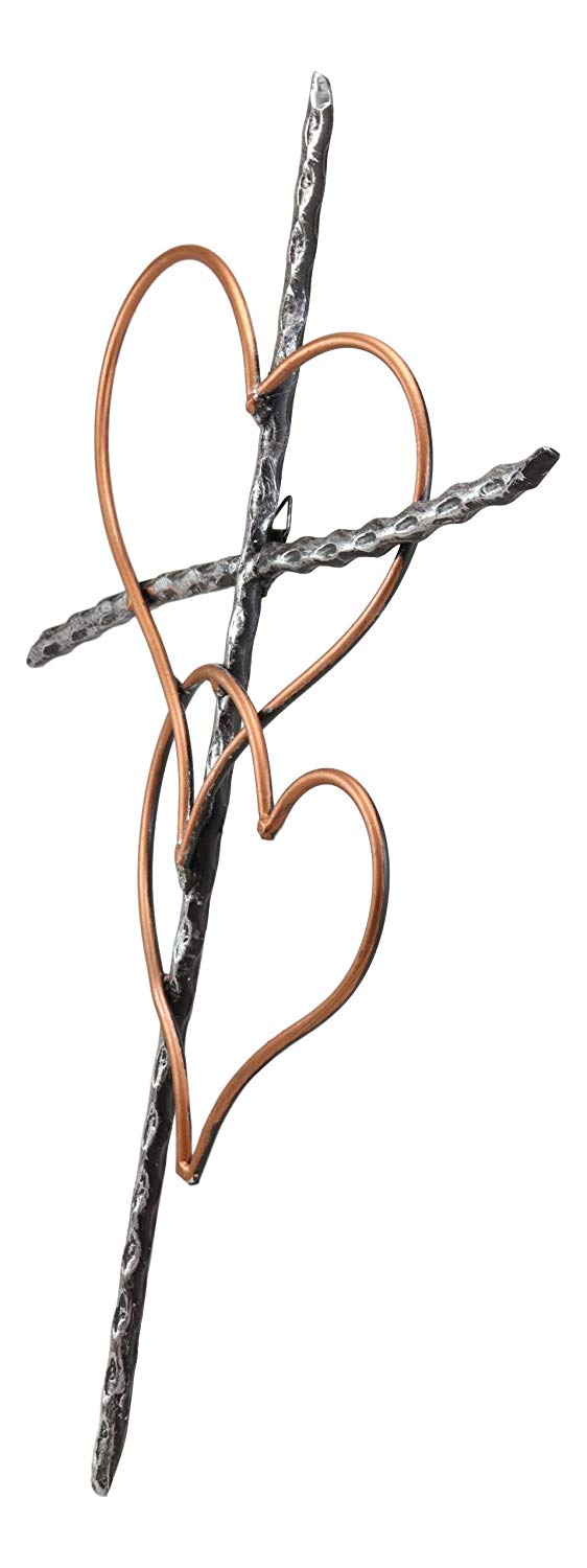 Ebros Gift Ebros Metal Silver Rope Wire Sticks And 2 Golden Hearts Of Love Wall Hanging Cross Decor Plaque Vintage Art Sculpture 19.75" Tall Catholic Christian Accent Decorative Crosses