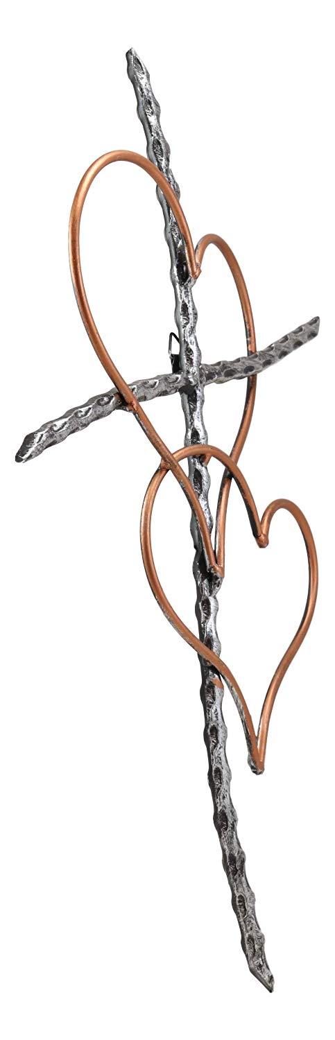 Ebros Gift Ebros Metal Silver Rope Wire Sticks And 2 Golden Hearts Of Love Wall Hanging Cross Decor Plaque Vintage Art Sculpture 19.75" Tall Catholic Christian Accent Decorative Crosses