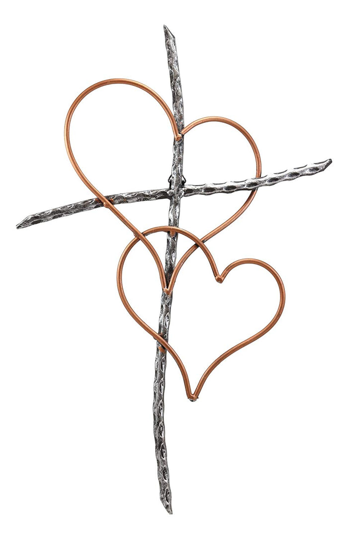 Ebros Gift Ebros Metal Silver Rope Wire Sticks And 2 Golden Hearts Of Love Wall Hanging Cross Decor Plaque Vintage Art Sculpture 19.75" Tall Catholic Christian Accent Decorative Crosses
