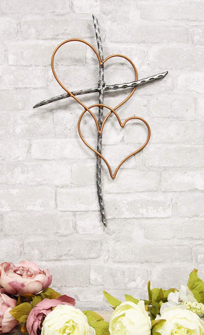ebros gift Ebros Metal Silver Rope Wire Sticks and 2 Golden Hearts of Love Wall Hanging Cross Decor Plaque Vintage Art Sculpture 19.75" Tall Catholic Christian Accent Decorative Crosses