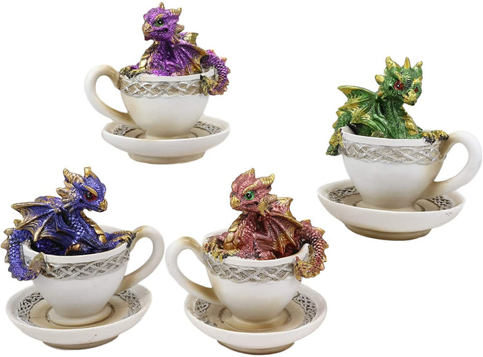 Ebros Gift Ebros Metallic Baby Wyrmling Dragons In Tea Cups With Saucers Figurine Set 4.5"H