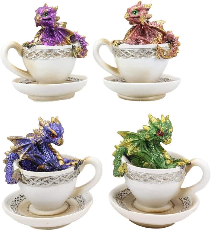 Ebros Gift Ebros Metallic Baby Wyrmling Dragons In Tea Cups With Saucers Figurine Set 4.5"H