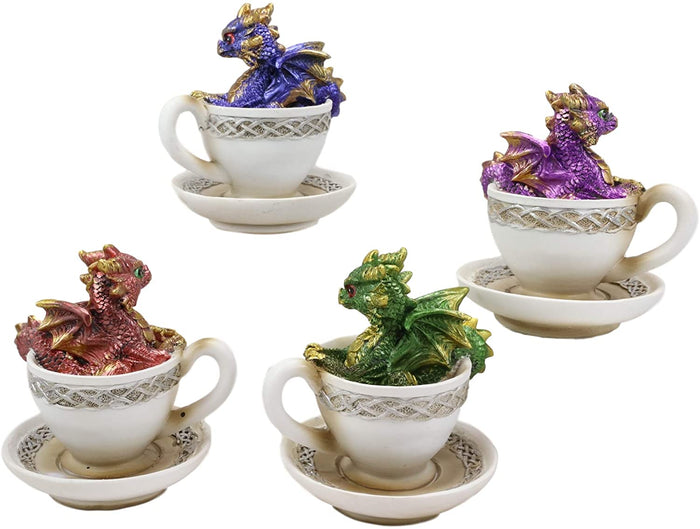 Ebros Gift Ebros Metallic Baby Wyrmling Dragons In Tea Cups With Saucers Figurine Set 4.5"H