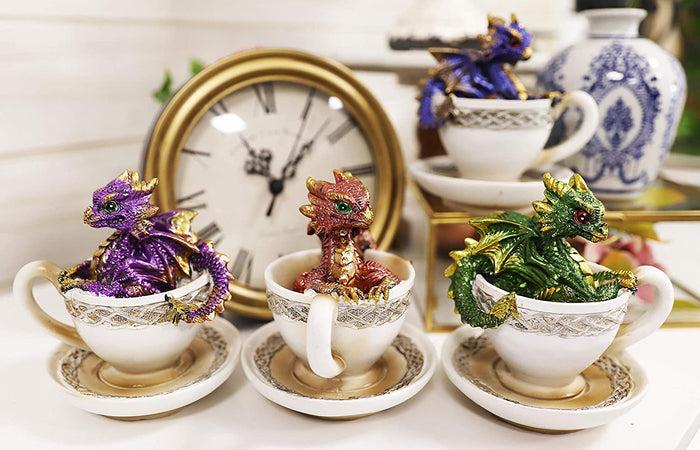 ebros gift Ebros Metallic Baby Wyrmling Dragons in Tea Cups with Saucers Figurine Set 4.5"H