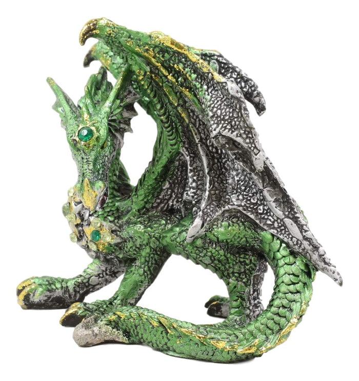 Ebros Gift Ebros Metallic Green And Silver Crouching Emerald Dragon Statue 4.75" Long Figurine