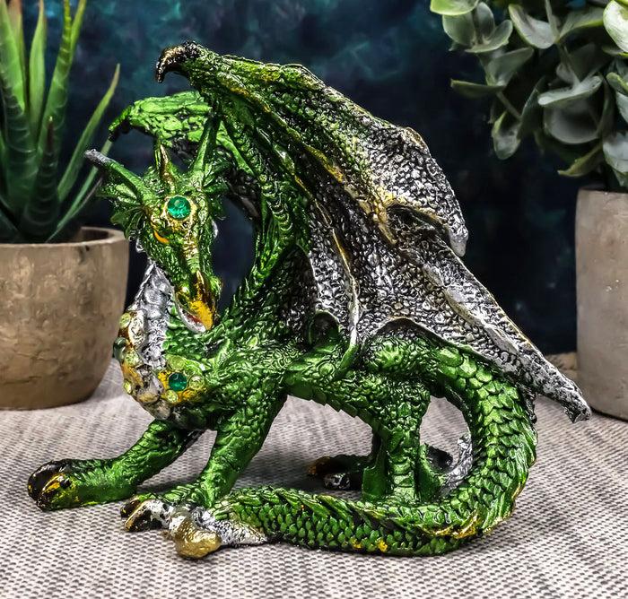ebros gift Ebros Metallic Green and Silver Crouching Emerald Dragon Statue 4.75" Long Figurine