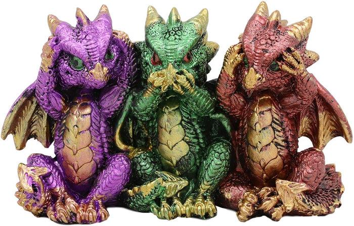 Ebros Gift Ebros Metallic Three Wise Baby Dragon Set See Hear Speak No Evil Statue 3.5"H