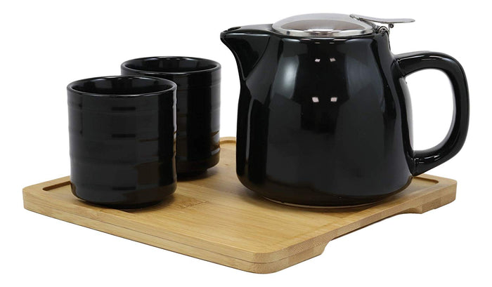 Ebros Gift Ebros Midnight Black Contemporary Ceramic 20oz Tea Pot With 2 Cups And Bamboo Tray Set