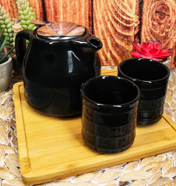 Ebros Gift Ebros Midnight Black Contemporary Ceramic 20oz Tea Pot With 2 Cups And Bamboo Tray Set