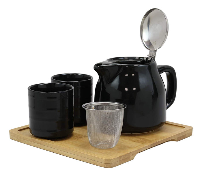 ebros gift Ebros Midnight Black Contemporary Ceramic 20oz Tea Pot With 2 Cups And Bamboo Tray Set