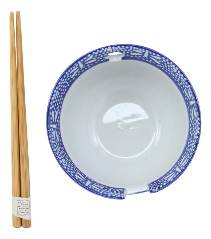 Ebros Gift Ebros Ming Style Blue And Black Ramen Udong Noodles 5" Diameter Bowl With Built In Chopsticks Rest And Bamboo Chopsticks Set For Asian Dining Soup Rice Meal Bowls Decor Kitchen (Tombo Dragonfly)