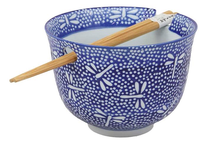 Ebros Gift Ebros Ming Style Blue And Black Ramen Udong Noodles 5" Diameter Bowl With Built In Chopsticks Rest And Bamboo Chopsticks Set For Asian Dining Soup Rice Meal Bowls Decor Kitchen (Tombo Dragonfly)
