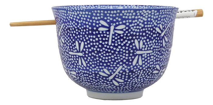 Ebros Gift Ebros Ming Style Blue And Black Ramen Udong Noodles 5" Diameter Bowl With Built In Chopsticks Rest And Bamboo Chopsticks Set For Asian Dining Soup Rice Meal Bowls Decor Kitchen (Tombo Dragonfly)
