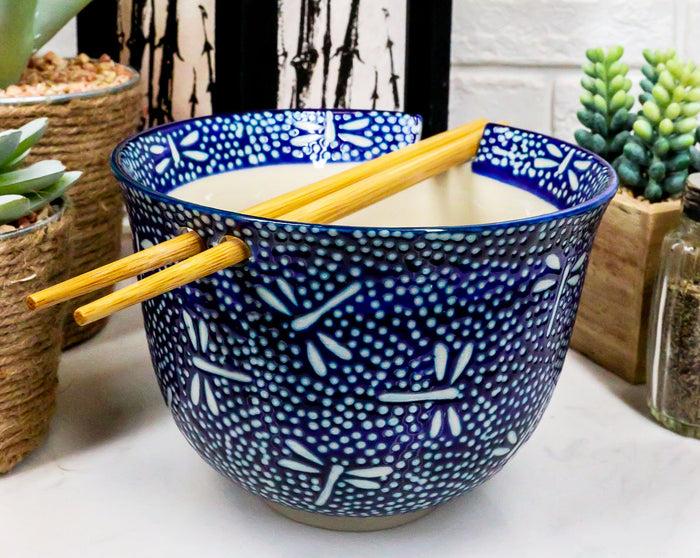 ebros gift Ebros Ming Style Blue And Black Ramen Udong Noodles 5" Diameter Bowl With Built In Chopsticks Rest and Bamboo Chopsticks Set for Asian Dining Soup Rice Meal Bowls Decor Kitchen (Tombo Dragonfly)