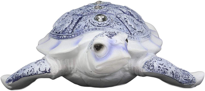Ebros Gift Ebros Ming Style Terracotta Blue And White Feng Shui Celestial Sea Turtle Statue With Crystals 7.5" Wide