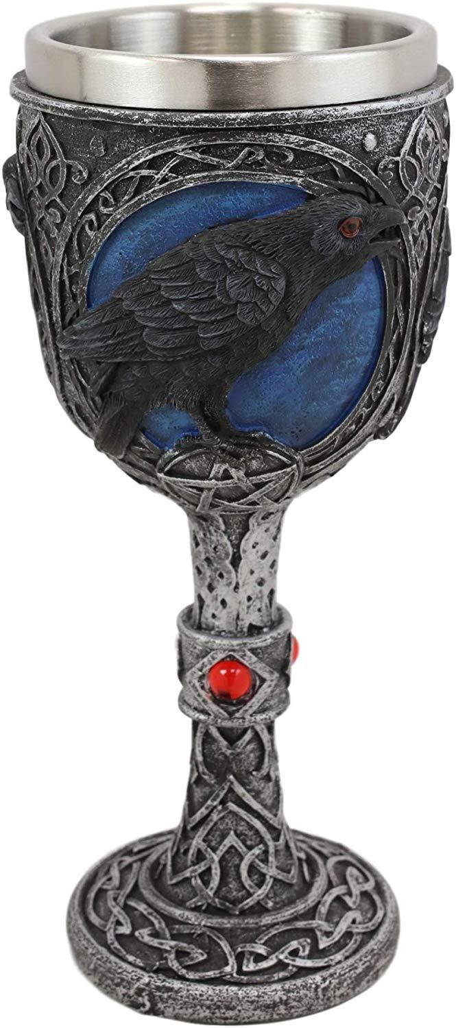 Ebros Gift Ebros Moonlight Raven Crow With Celtic Tribal Tattoo Wine Goblet Chalice 7.25"H