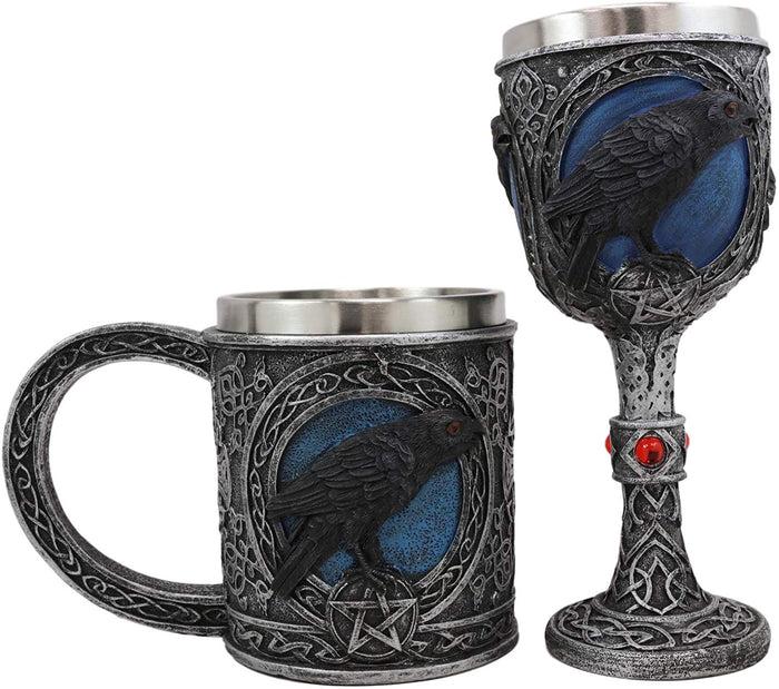 Ebros Gift Ebros Moonlight Raven Crow With Celtic Tribal Tattoo Wine Goblet And Mug Set